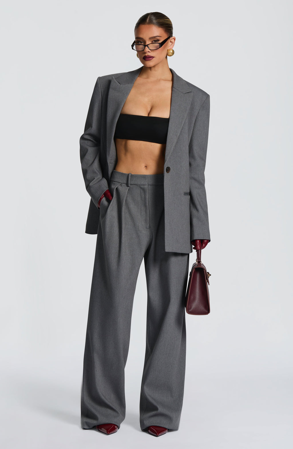 Grey Marl High-Waist Wide-Leg Tailored Trousers | Meave & Ivy