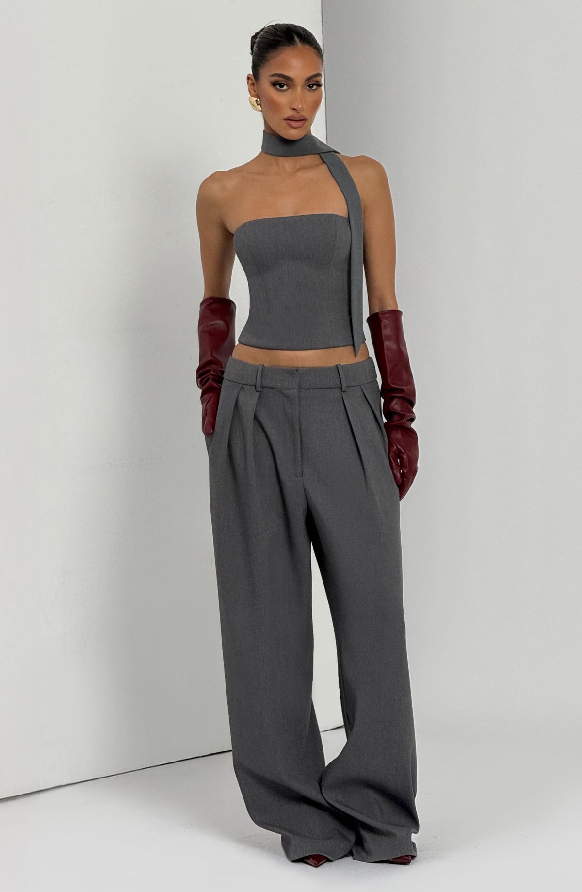 Grey Marl High-Waist Wide-Leg Tailored Trousers | Meave & Ivy