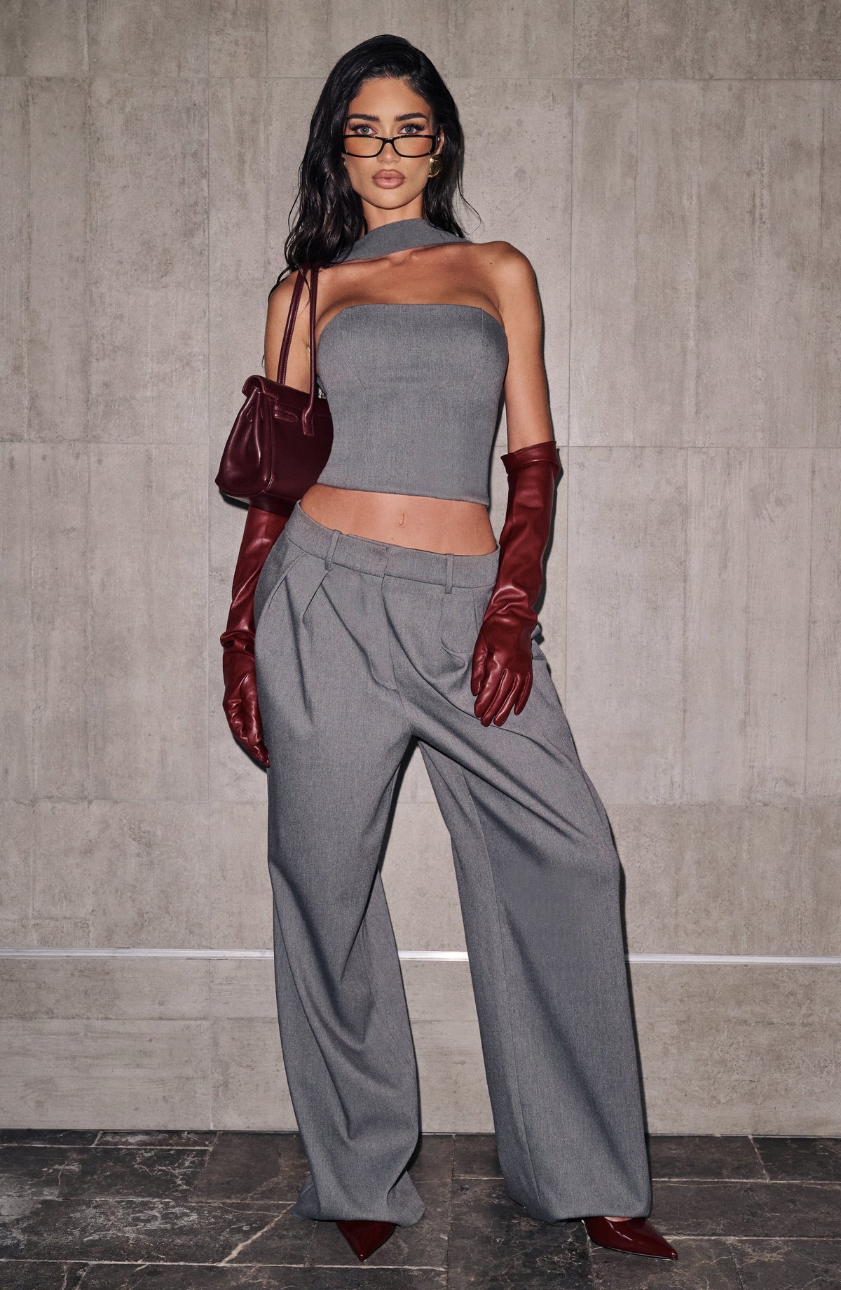 Grey Marl High-Waist Wide-Leg Tailored Trousers | Meave & Ivy