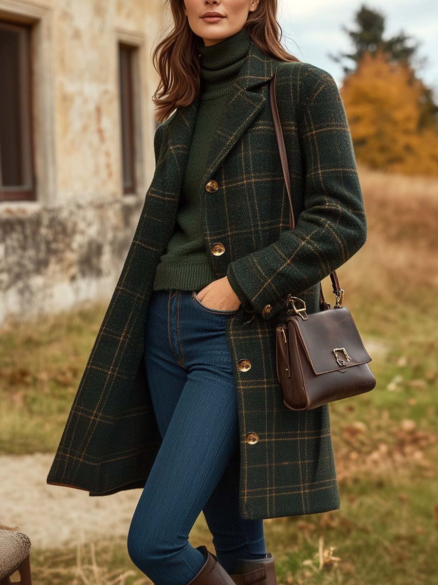 Checked Long Coat Slim Fit – Dark Green Winter Coat