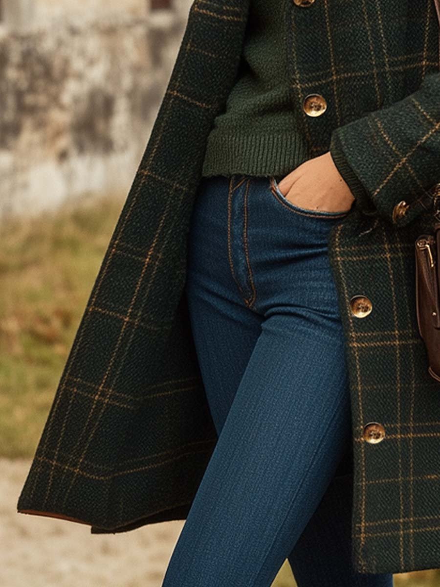 Checked Long Coat Slim Fit – Dark Green Winter Coat
