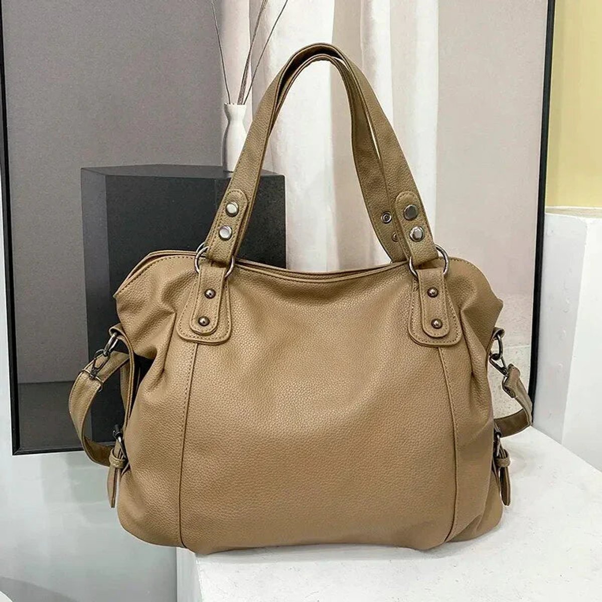 Women's Large Studded Leather-Look Tote Shoulder Bag