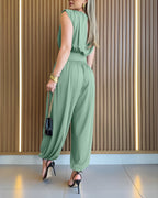 Padded Shoulders Sleeveless Cinched Waist Side High Slit Jumpsuit | Meave & Ivy