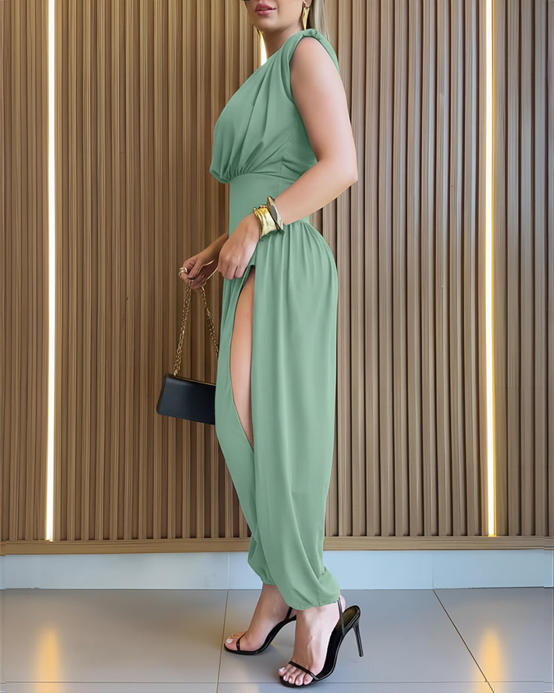 Padded Shoulders Sleeveless Cinched Waist Side High Slit Jumpsuit | Meave & Ivy