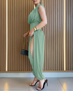 Padded Shoulders Sleeveless Cinched Waist Side High Slit Jumpsuit | Meave & Ivy