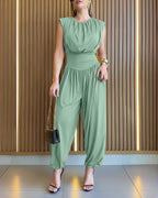 Padded Shoulders Sleeveless Cinched Waist Side High Slit Jumpsuit | Meave & Ivy