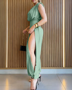 Padded Shoulders Sleeveless Cinched Waist Side High Slit Jumpsuit | Meave & Ivy