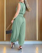 Padded Shoulders Sleeveless Cinched Waist Side High Slit Jumpsuit | Meave & Ivy