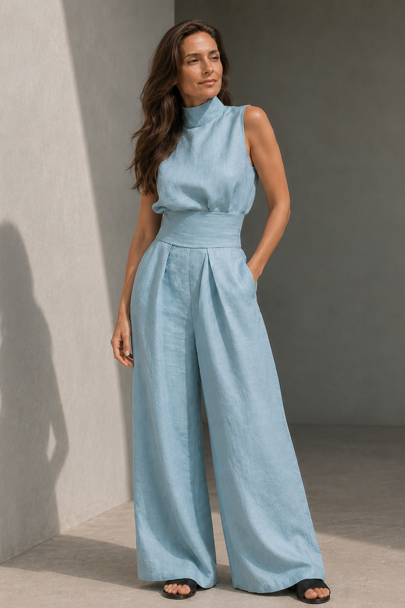 Olive Green Linen-Look Wide Leg Jumpsuit – Women's High Neck Summer Jumpsuit