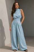 Olive Green Linen-Look Wide Leg Jumpsuit – Women's High Neck Summer Jumpsuit