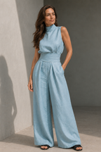 Olive Green Linen-Look Wide Leg Jumpsuit – Women's High Neck Summer Jumpsuit