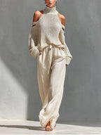 Cold Shoulder Knit Top and Drawstring Wide Leg Linen Pant Set