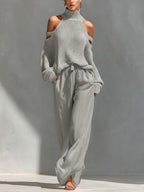 Cold Shoulder Knit Top and Drawstring Wide Leg Linen Pant Set
