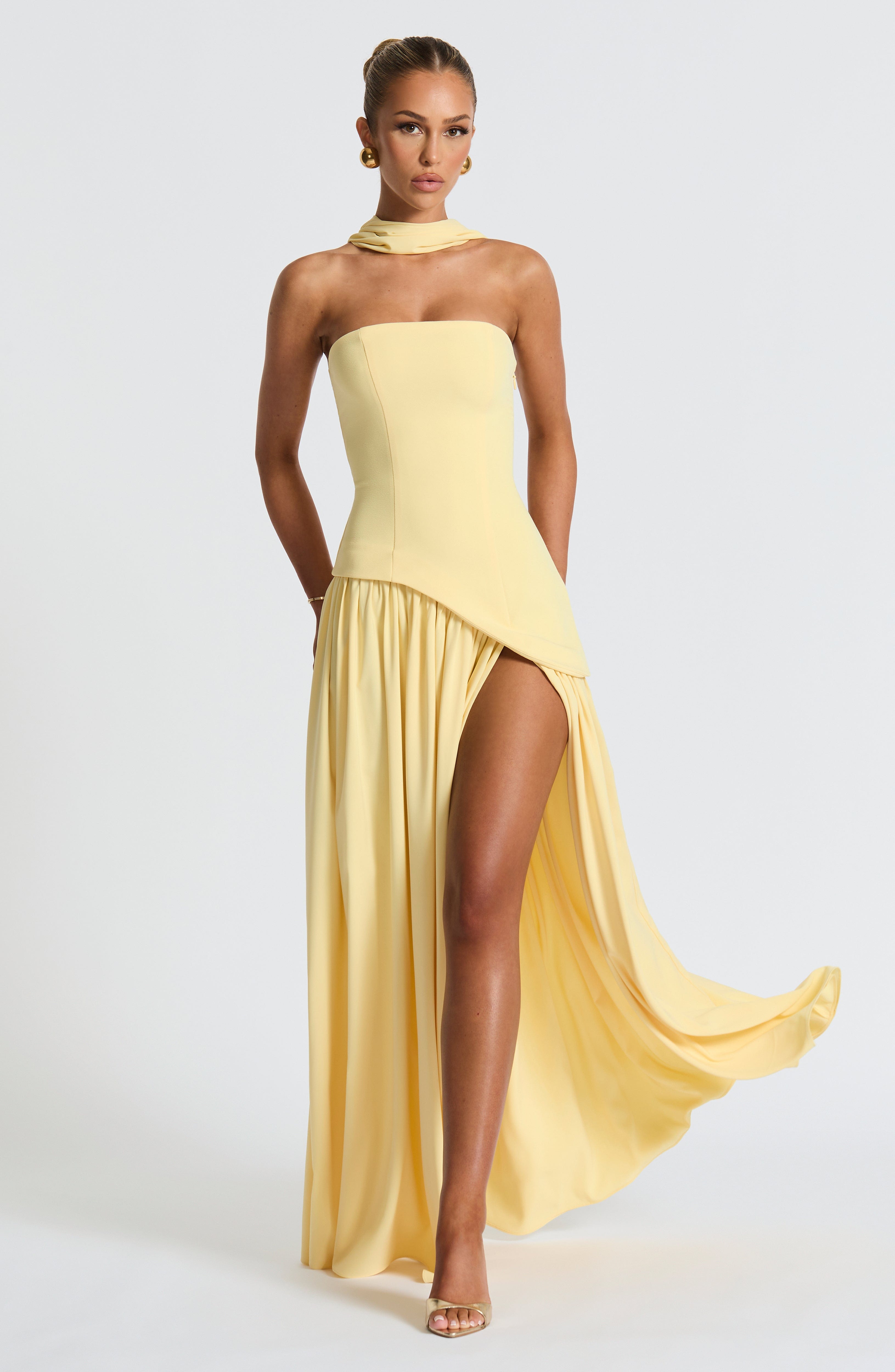 Strapless Pastel Yellow Maxi Dress with High Split – Asymmetric Summer Dress