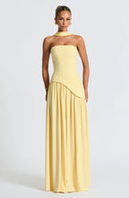 Strapless Pastel Yellow Maxi Dress with High Split – Asymmetric Summer Dress
