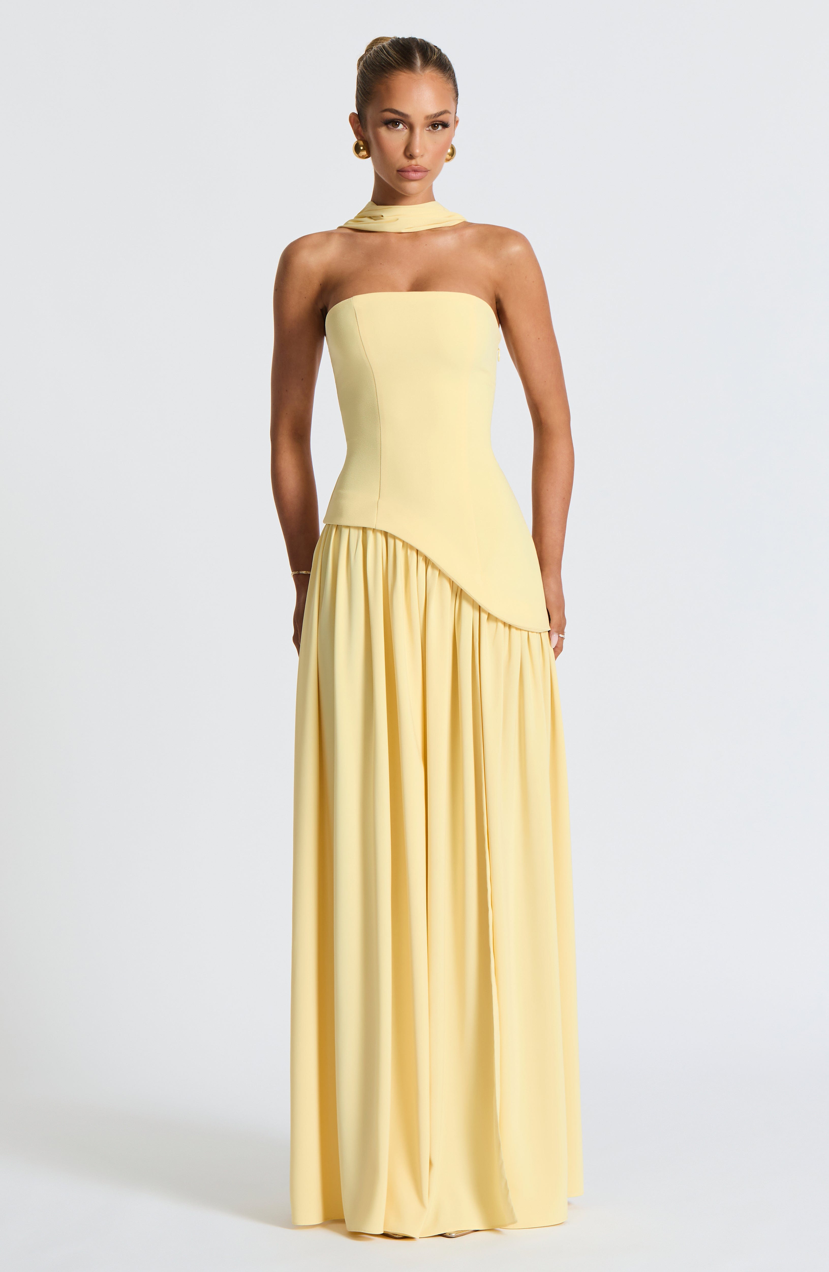 Strapless Pastel Yellow Maxi Dress with High Split – Asymmetric Summer Dress