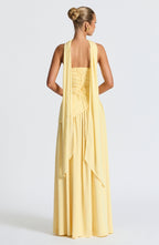 Strapless Pastel Yellow Maxi Dress with High Split – Asymmetric Summer Dress