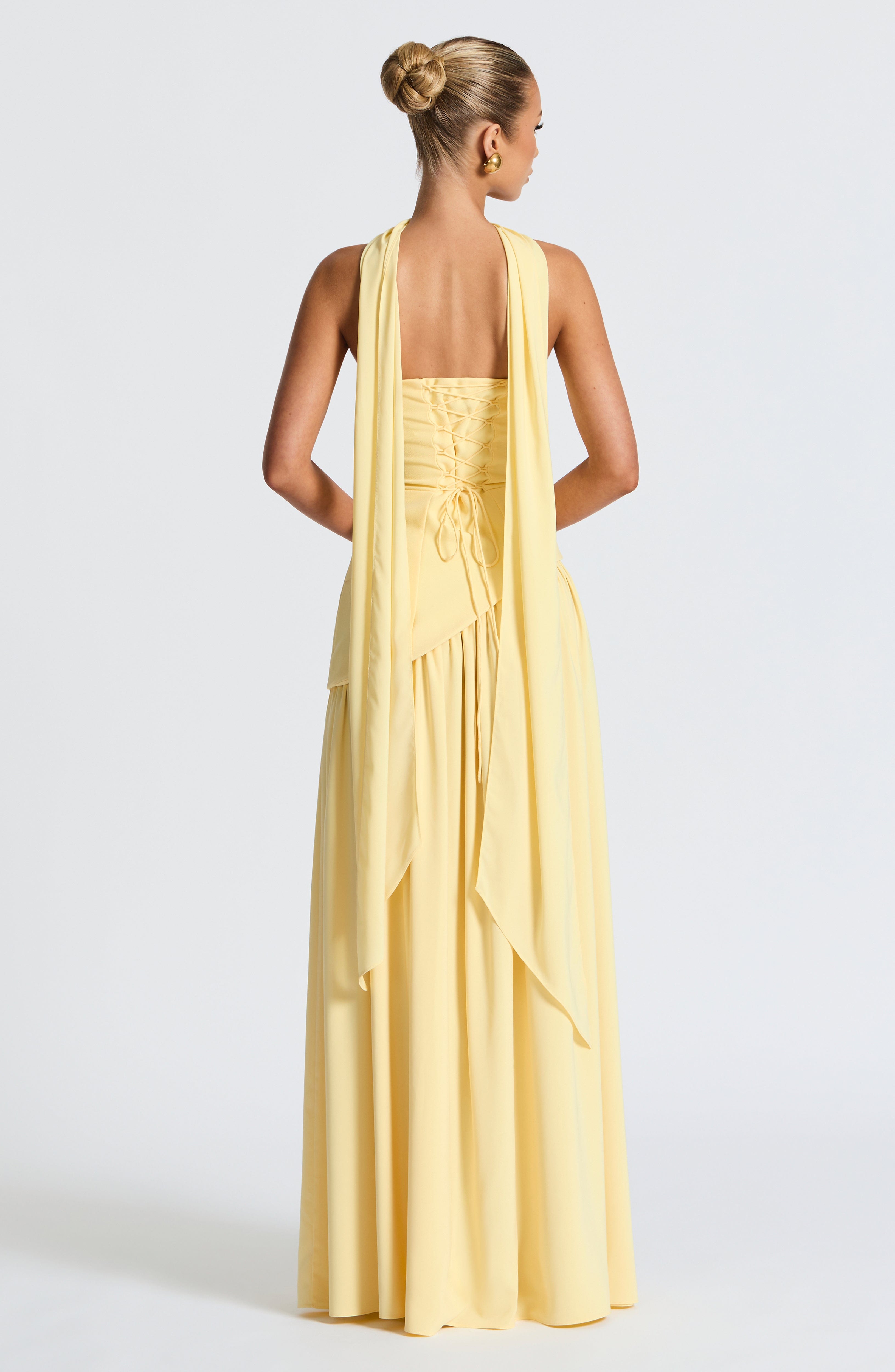 Strapless Pastel Yellow Maxi Dress with High Split – Asymmetric Summer Dress