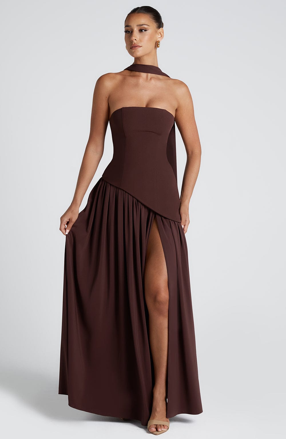 Plum Brown Chiffon Maxi Dress – Elegant Evening Gown | Meave & Ivy