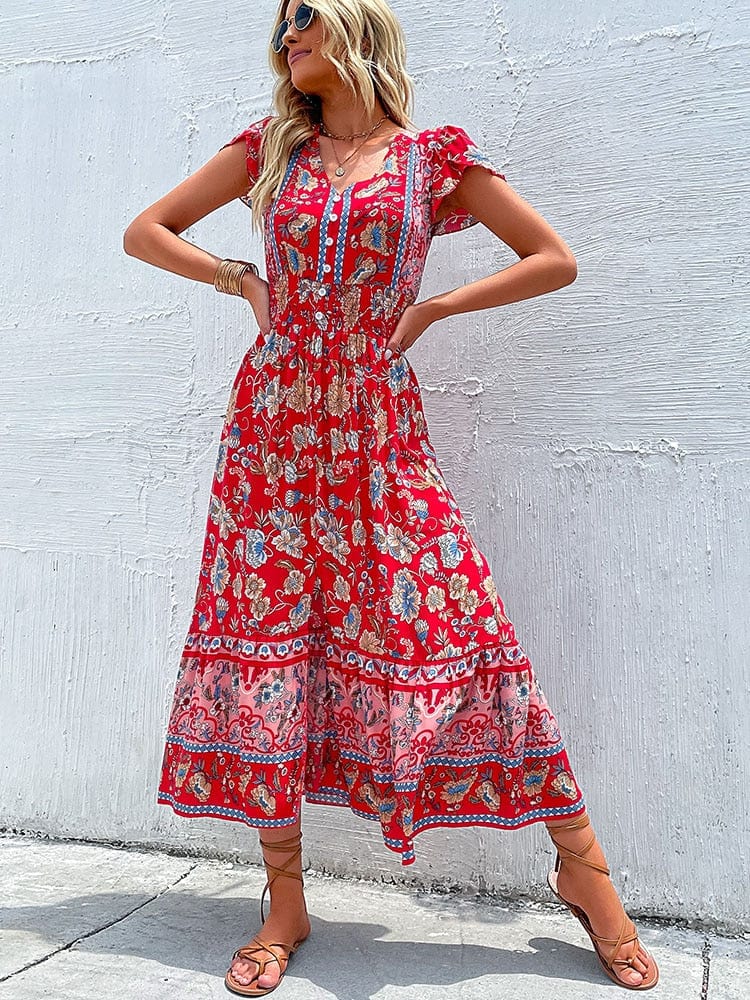 Red Bohemian V-Neck Maxi Dress – Women's Boho Summer Beach & Holiday Dress | Meave & Ivy