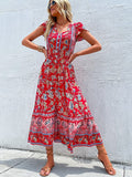 Red Bohemian V-Neck Maxi Dress – Women's Boho Summer Beach & Holiday Dress | Meave & Ivy