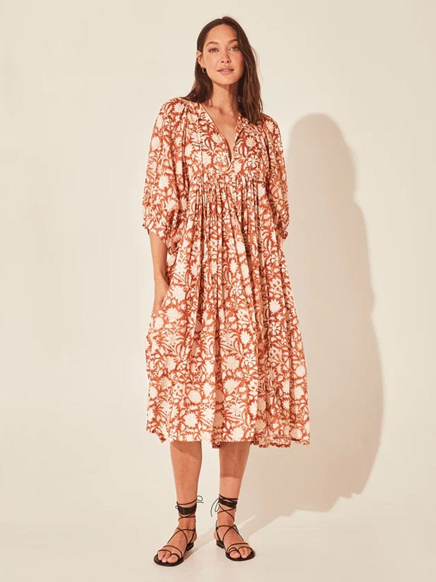 Orange Floral Ibiza Midi Dress – Women's Boho Summer Beach & Holiday Dress | Meave & Ivy