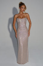 Nude One-Shoulder Maxi Dress – Goddess Evening Gown | Meave & Ivy