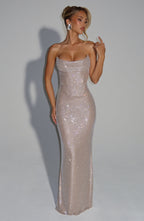 Nude One-Shoulder Maxi Dress – Goddess Evening Gown | Meave & Ivy