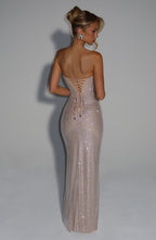 Nude One-Shoulder Maxi Dress – Goddess Evening Gown | Meave & Ivy