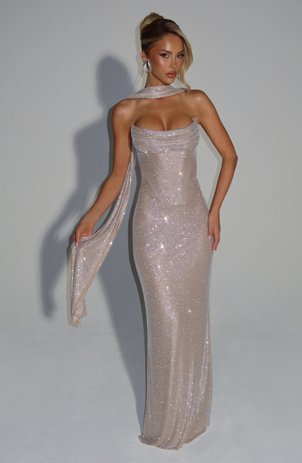 Nude One-Shoulder Maxi Dress – Goddess Evening Gown | Meave & Ivy
