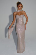 Nude One-Shoulder Maxi Dress – Goddess Evening Gown | Meave & Ivy