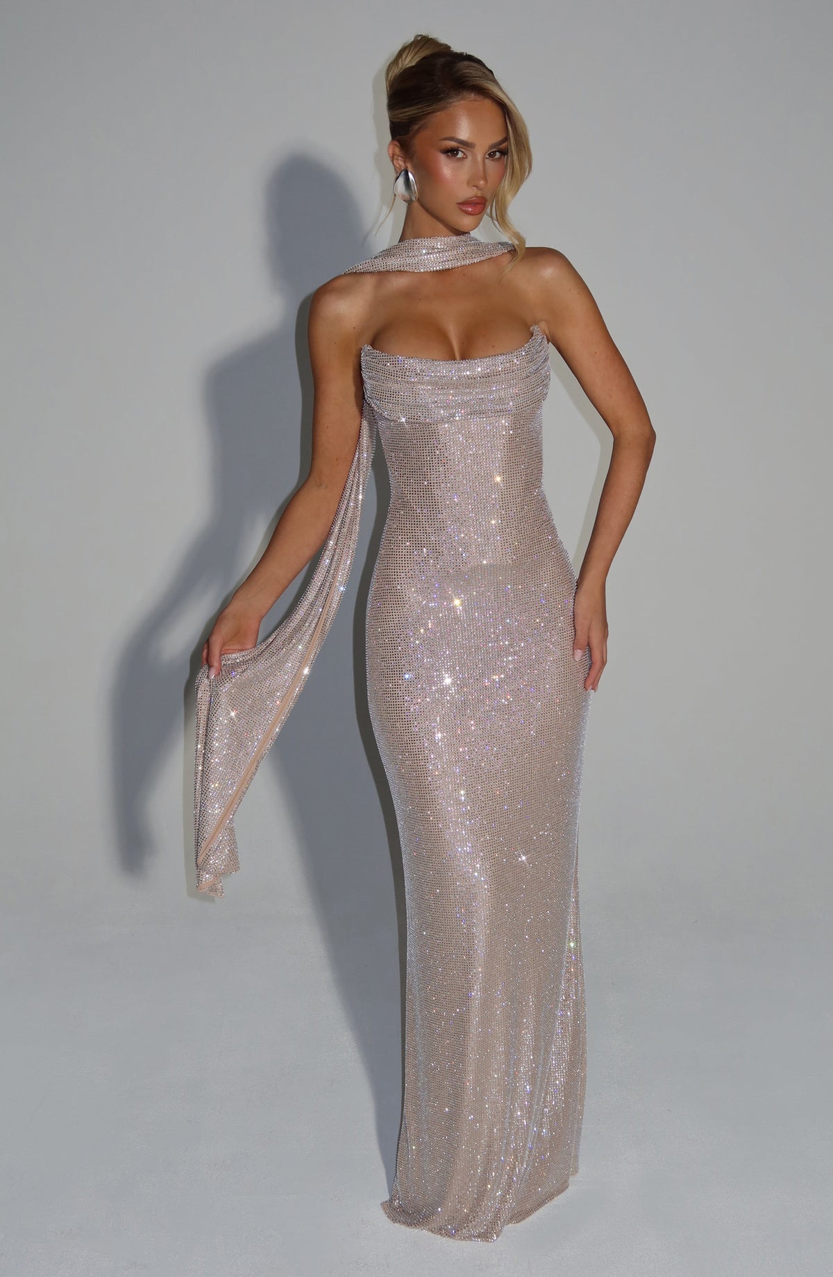Nude One-Shoulder Maxi Dress – Goddess Evening Gown | Meave & Ivy