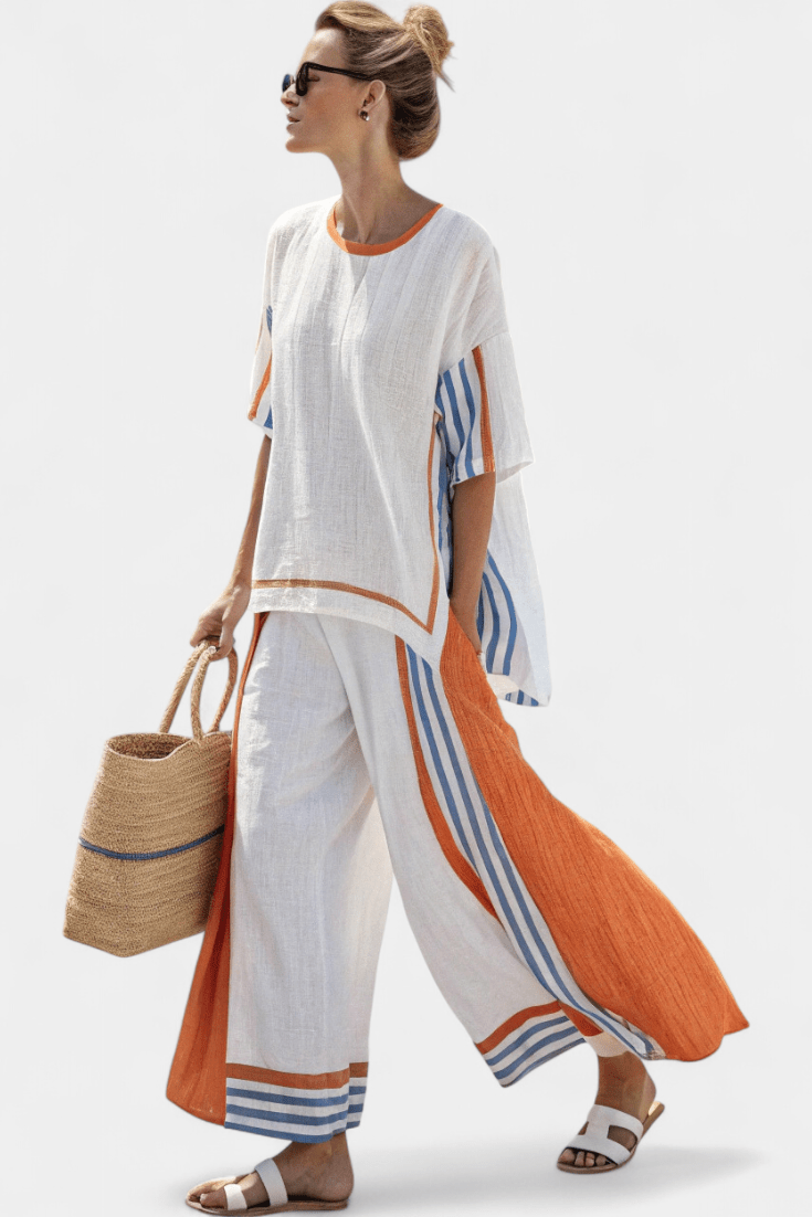 Women's Printed Asymmetric Tunic Top and Wide Leg Trouser Set