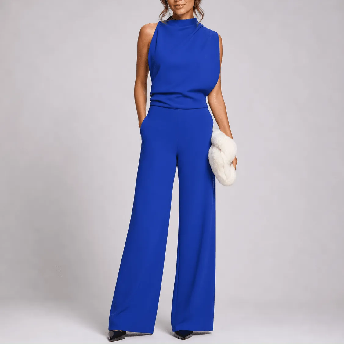 Women's High Neck Wide Leg Jumpsuit with Pockets