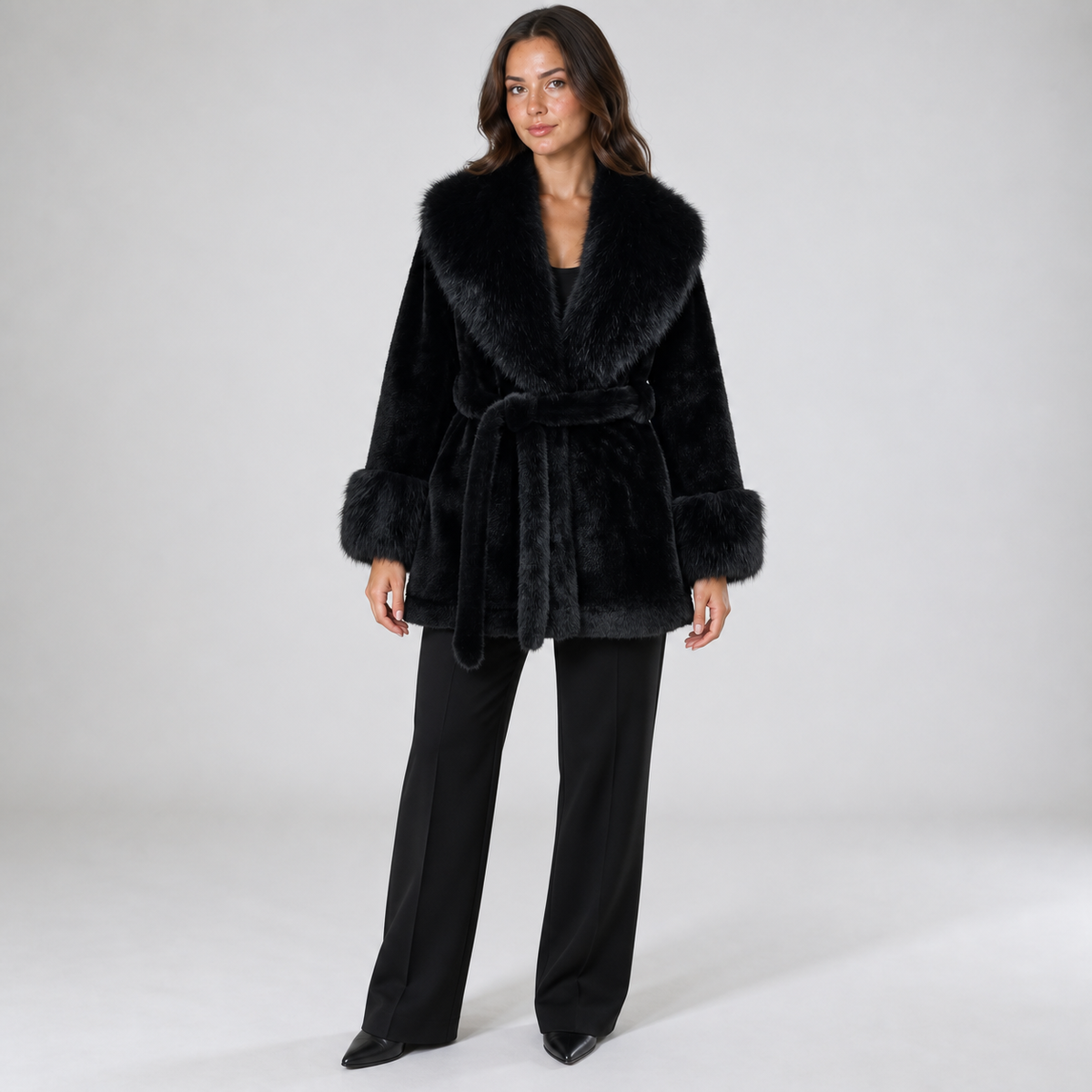 Women's Belted Faux Fur Winter Coat – Wide-Collar Plush Style