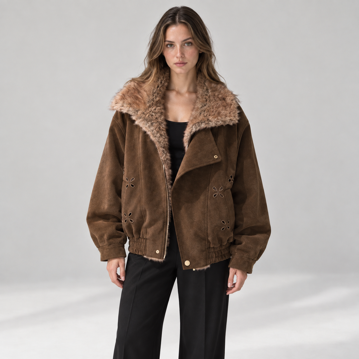 Women's Relaxed Faux Leather Bomber Jacket with Faux Fur Collar