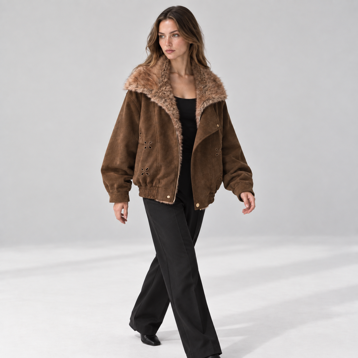 Women's Relaxed Faux Leather Bomber Jacket with Faux Fur Collar