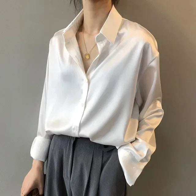 Women's Satin Button-Up Blouse – Relaxed Long-Sleeve Collared Shirt