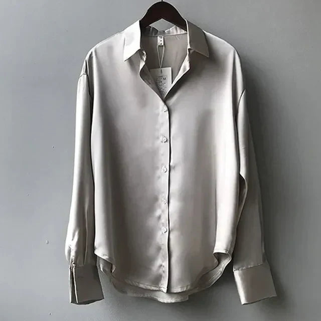 Women's Satin Button-Up Blouse – Relaxed Long-Sleeve Collared Shirt