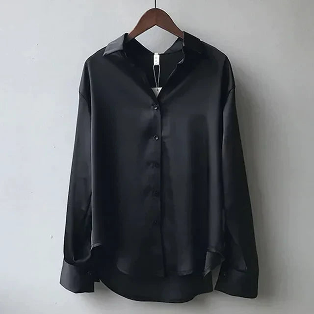Women's Satin Button-Up Blouse – Relaxed Long-Sleeve Collared Shirt
