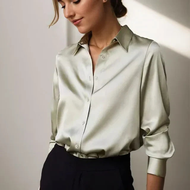 Women's Satin Button-Up Blouse – Relaxed Long-Sleeve Collared Shirt