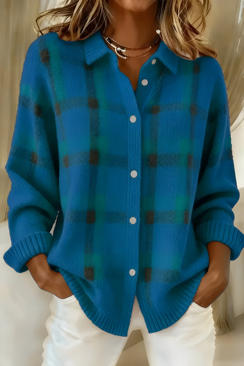 Women's Retro Checked Knit Cardigan – Soft Button-Front Collared Autumn