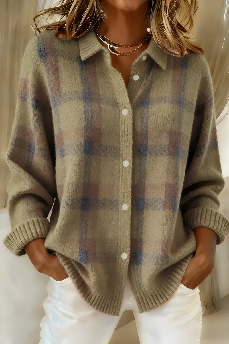 Women's Retro Checked Knit Cardigan – Soft Button-Front Collared Autumn