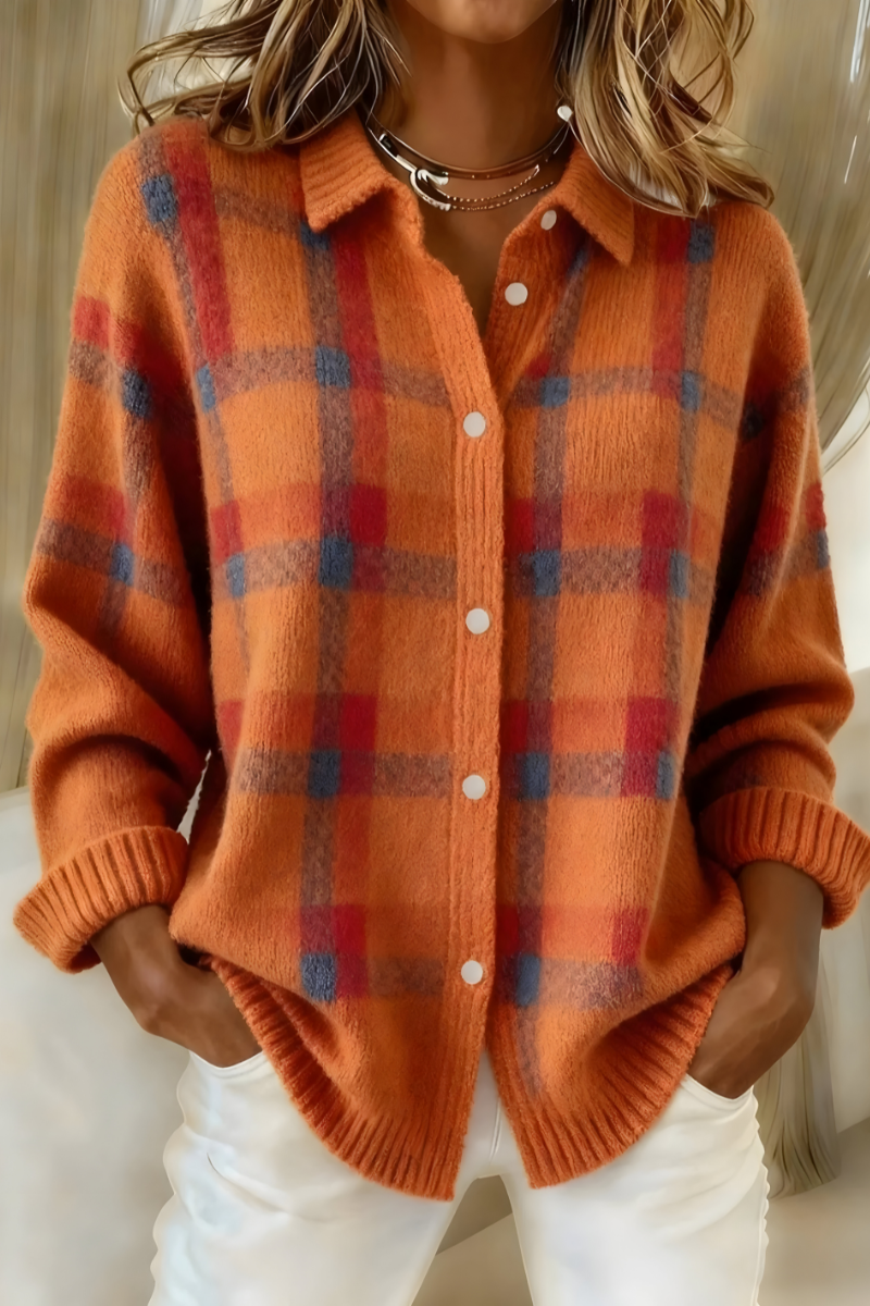 Women's Retro Checked Knit Cardigan – Soft Button-Front Collared Autumn