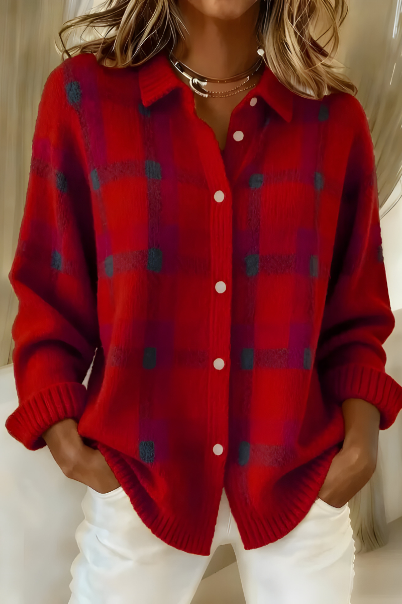 Women's Retro Checked Knit Cardigan – Soft Button-Front Collared Autumn