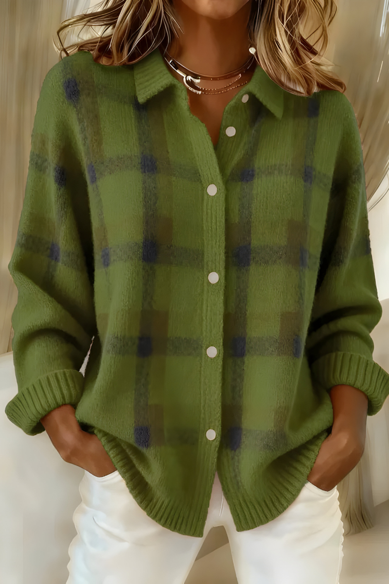 Women's Retro Checked Knit Cardigan – Soft Button-Front Collared Autumn