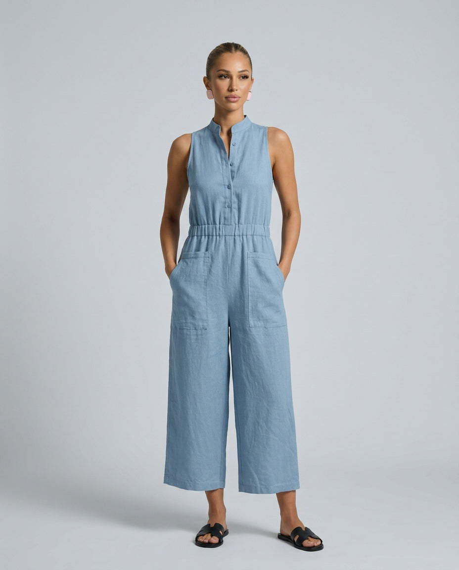 Linen-Blend Sleeveless Loose Jumpsuit