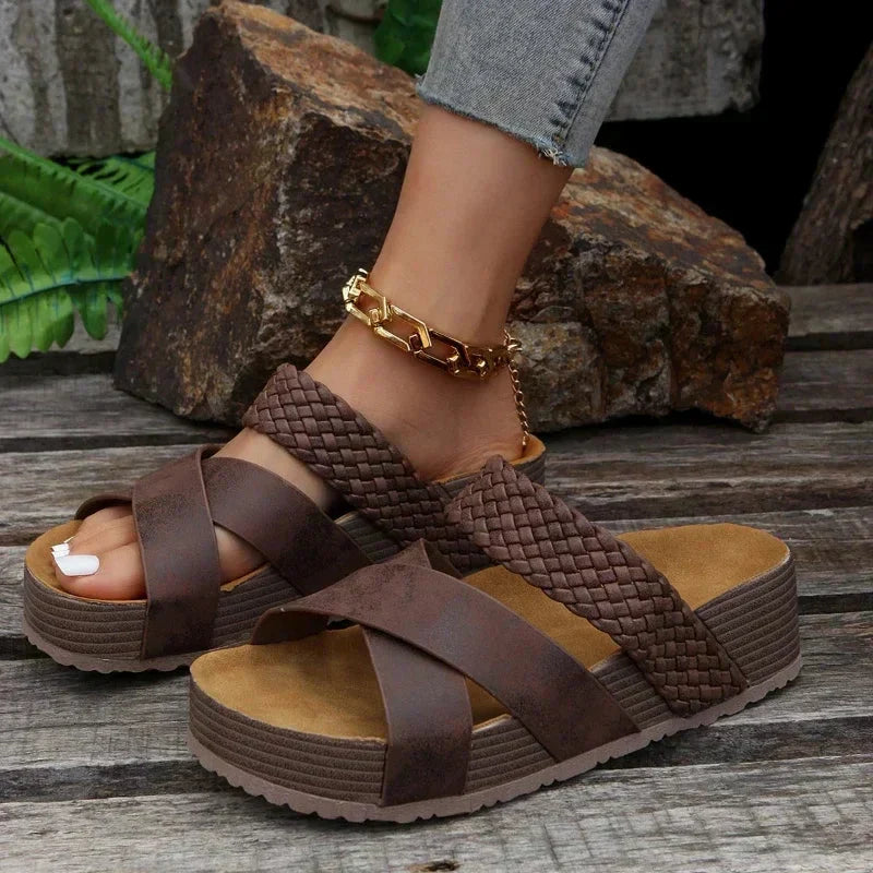 Woven Crossover Strap Wedge Sandals