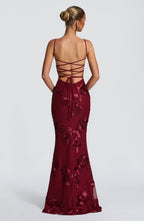 Burgundy Off-Shoulder Maxi Dress – Sculpted Evening Gown | Meave & Ivy