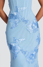 Blue Floral Appliqué Corset Maxi Dress – Glacier Statement Gown | Meave & Ivy